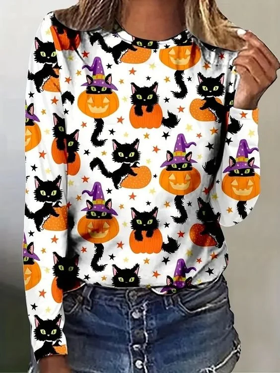 Casual Halloween Crew Neck Long Sleeve T-shirt