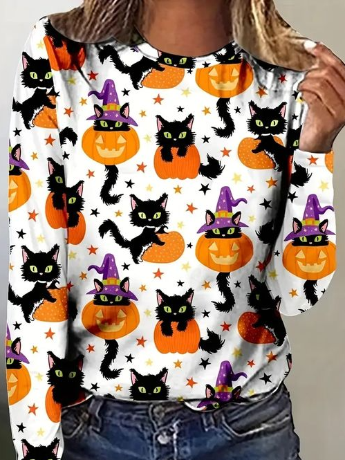 Casual Halloween Crew Neck Long Sleeve T-shirt