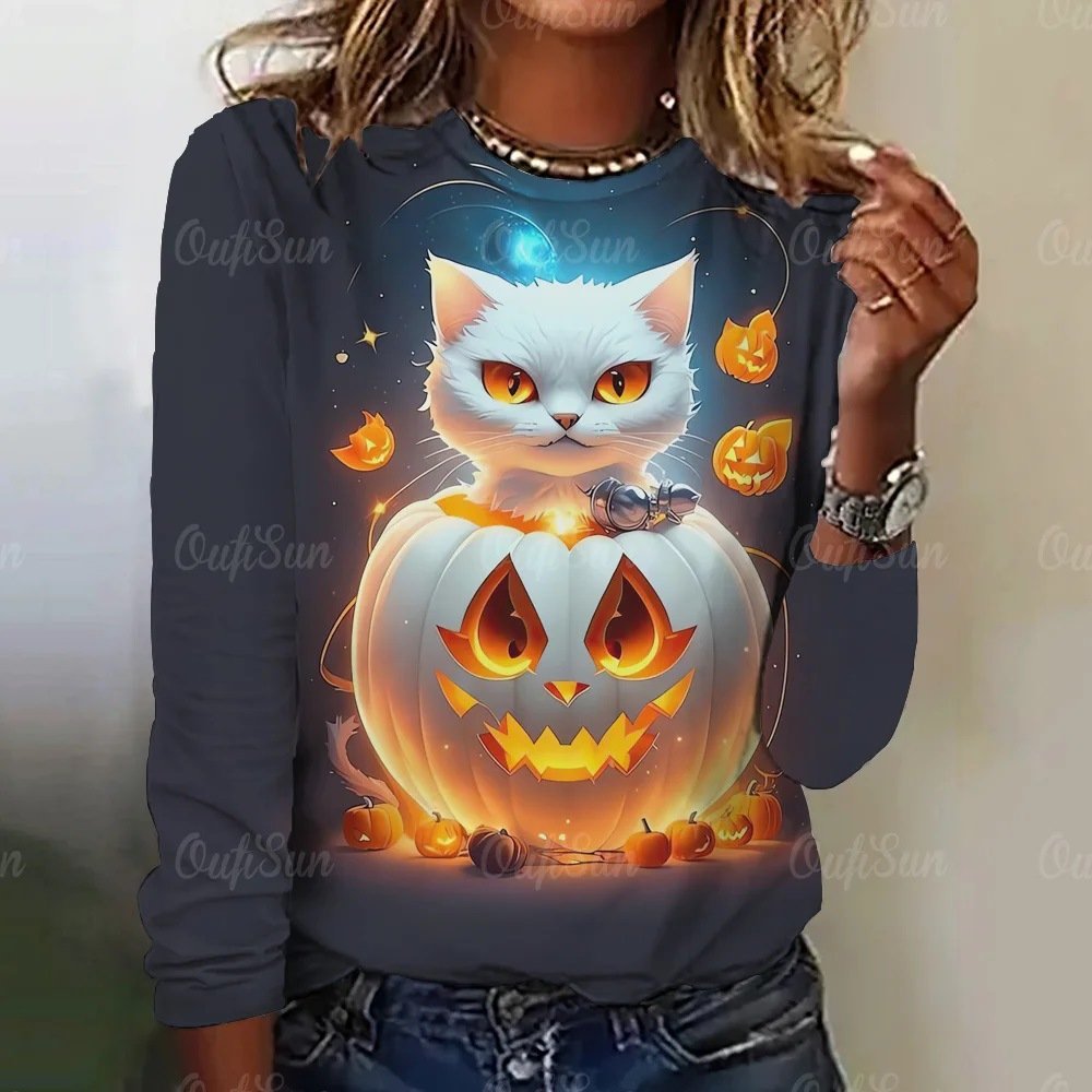 Casual Cat Crew Neck Long Sleeve T-shirt