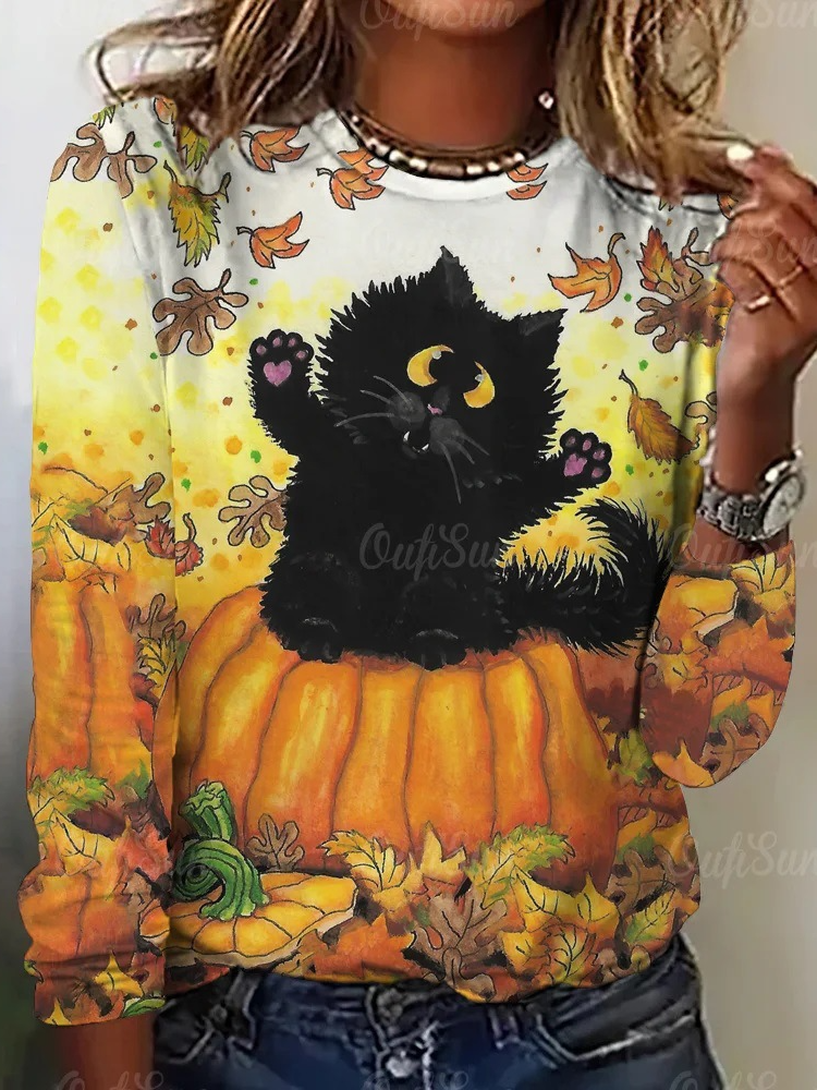 Casual Cat Crew Neck Long Sleeve T-shirt