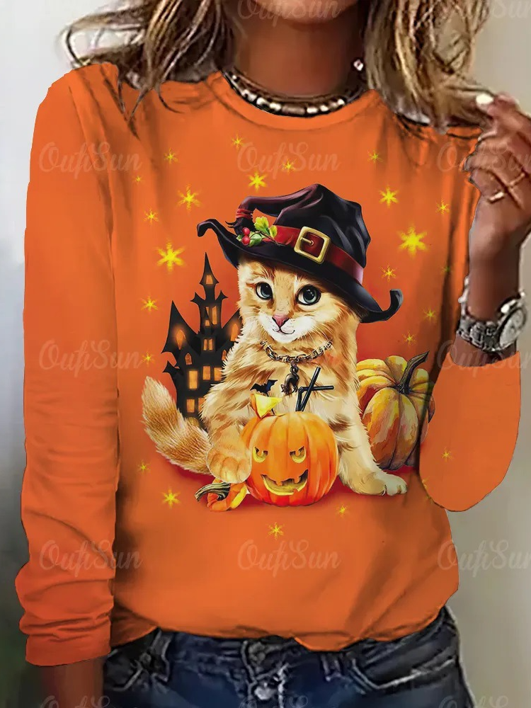 Casual Cat Crew Neck Long Sleeve T-shirt