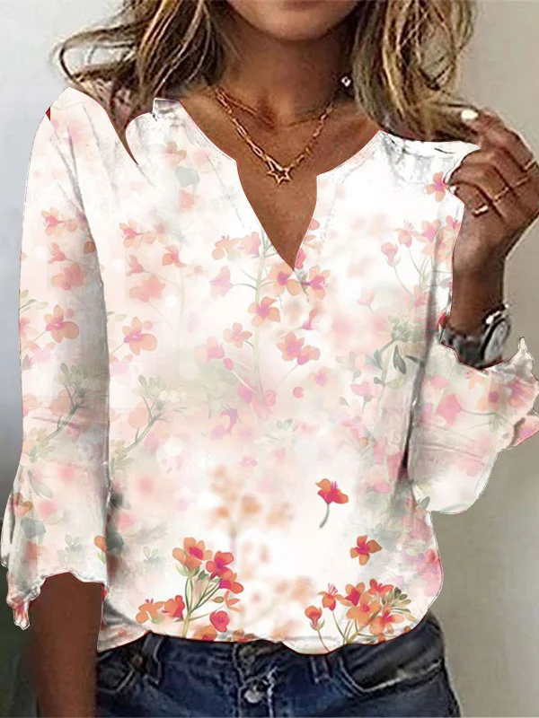 Casual Floral Notched Three Quarter Sleeve T-shirt