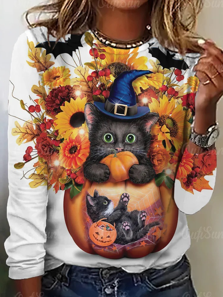 Casual Cat Crew Neck Long Sleeve T-shirt