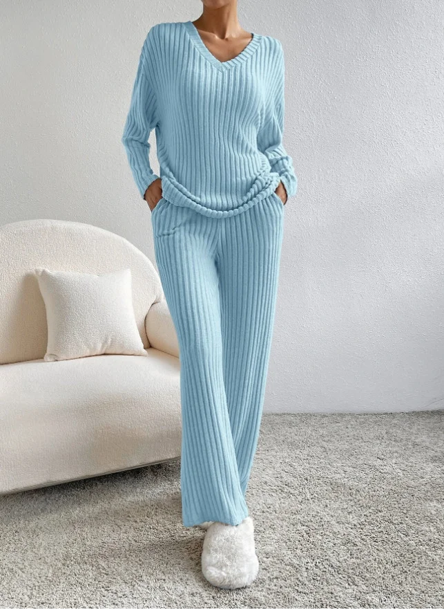 Women Plain V Neck Long Sleeve Comfy Casual Top With Pants Two-Piece Set