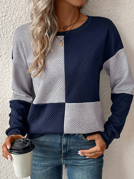 Casual Crew Neck Color Block Sweatshirt