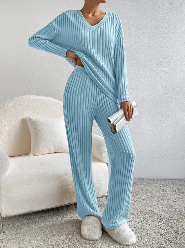 Women Plain V Neck Long Sleeve Comfy Casual Top With Pants Two-Piece Set