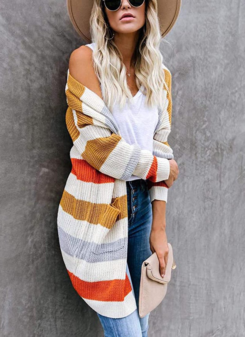 Women Wool/Knitting Striped Long Sleeve Comfy Casual Cardigan