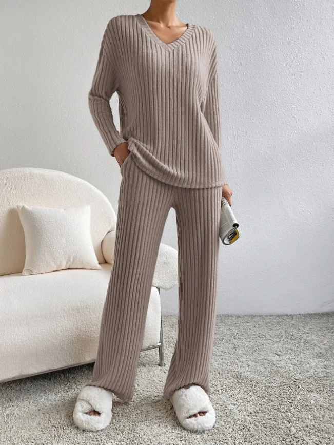 Women Plain V Neck Long Sleeve Comfy Casual Top With Pants Two-Piece Set