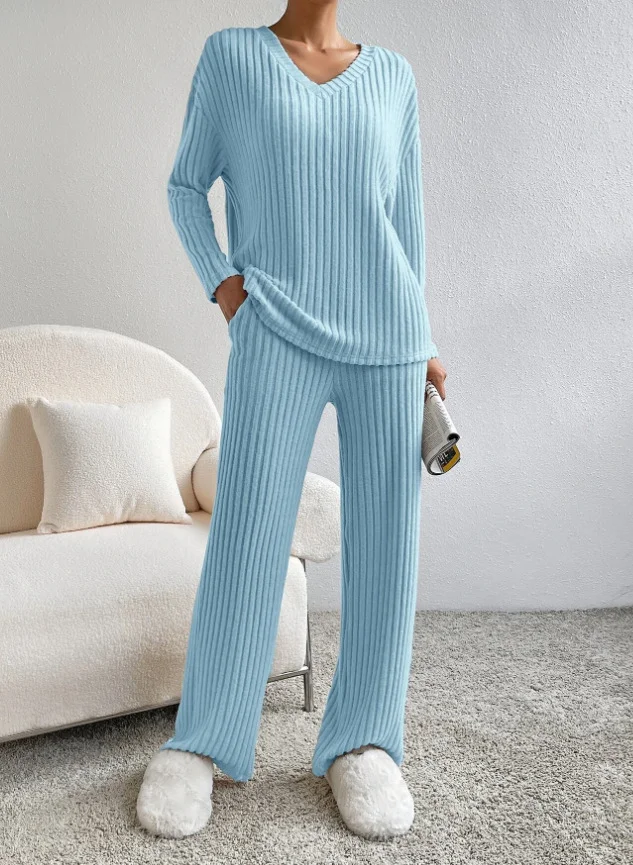 Women Plain V Neck Long Sleeve Comfy Casual Top With Pants Two-Piece Set