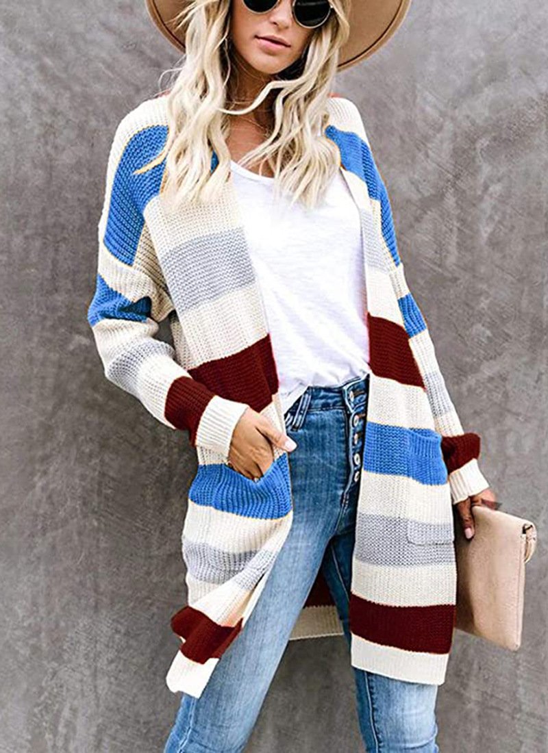 Women Wool/Knitting Striped Long Sleeve Comfy Casual Cardigan