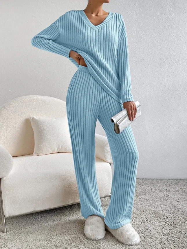 Women Plain V Neck Long Sleeve Comfy Casual Top With Pants Two-Piece Set