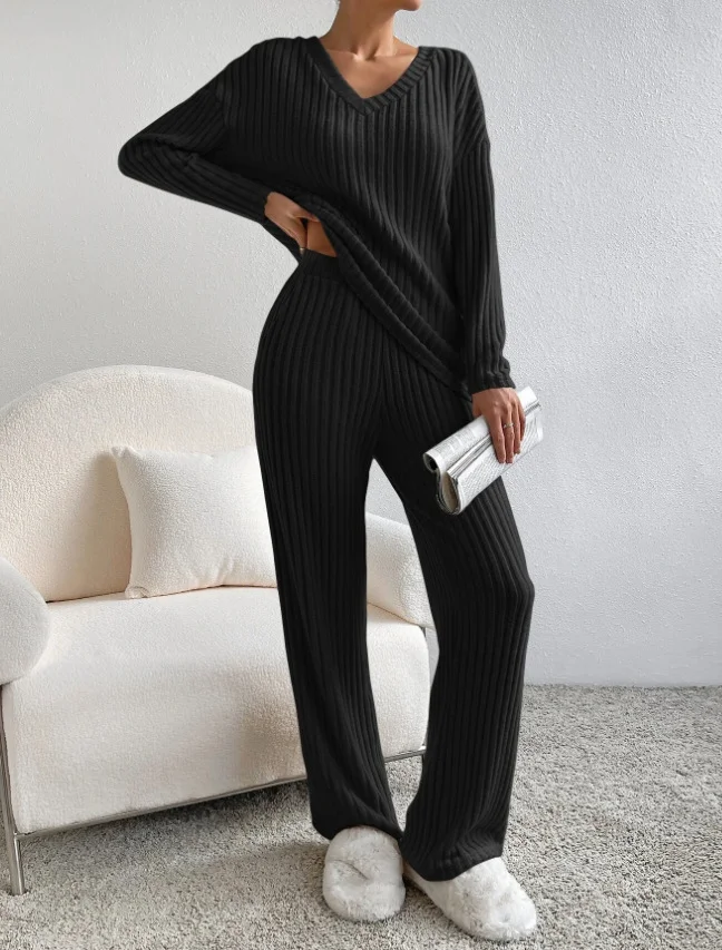 Women Plain V Neck Long Sleeve Comfy Casual Top With Pants Two-Piece Set