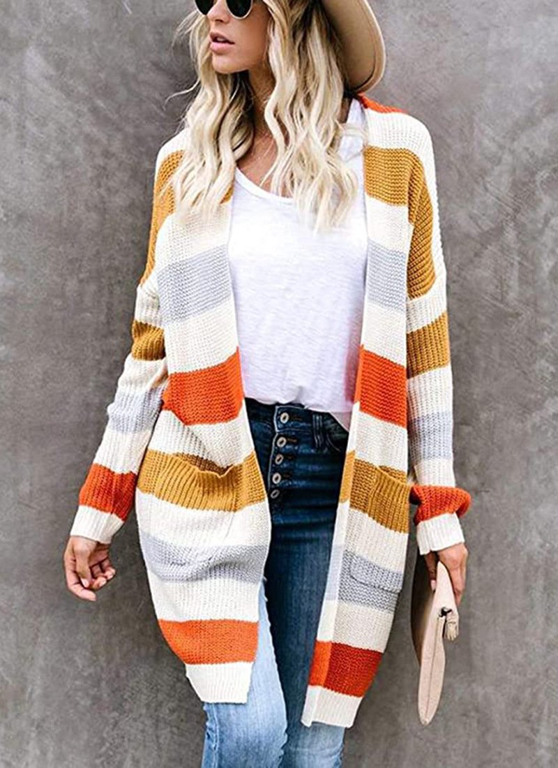 Women Wool/Knitting Striped Long Sleeve Comfy Casual Cardigan