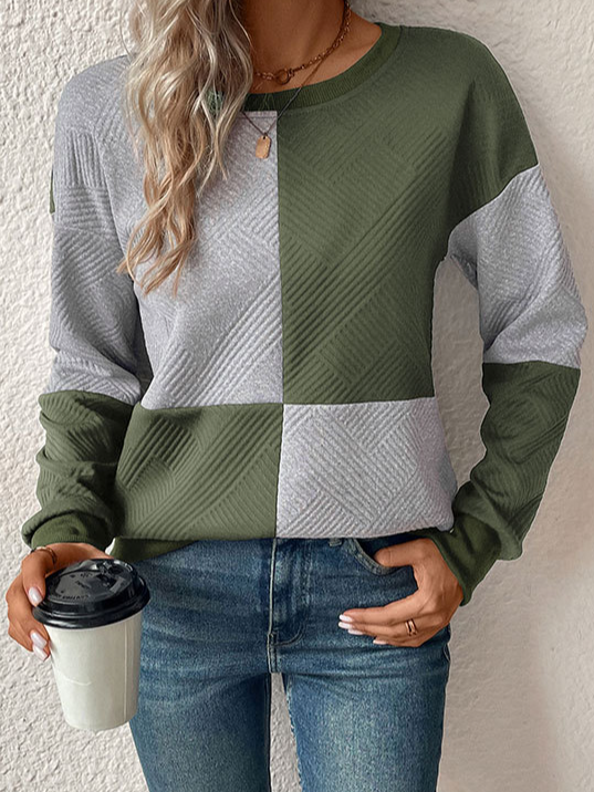 Casual Crew Neck Color Block Sweatshirt