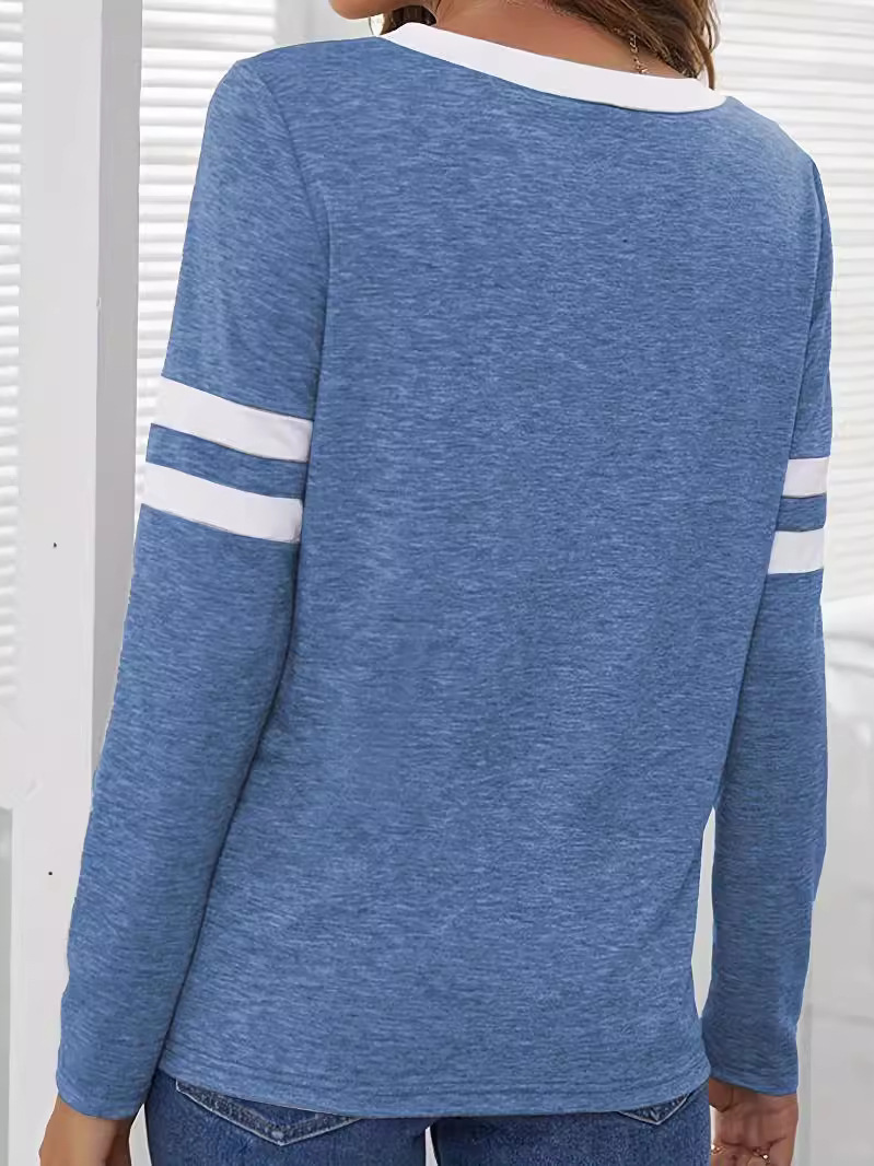 Casual Color Block V Neck Long Sleeve T-shirt