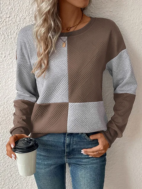 Casual Crew Neck Color Block Sweatshirt