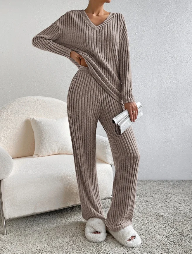 Women Plain V Neck Long Sleeve Comfy Casual Top With Pants Two-Piece Set