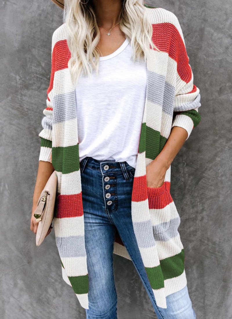 Women Wool/Knitting Striped Long Sleeve Comfy Casual Cardigan