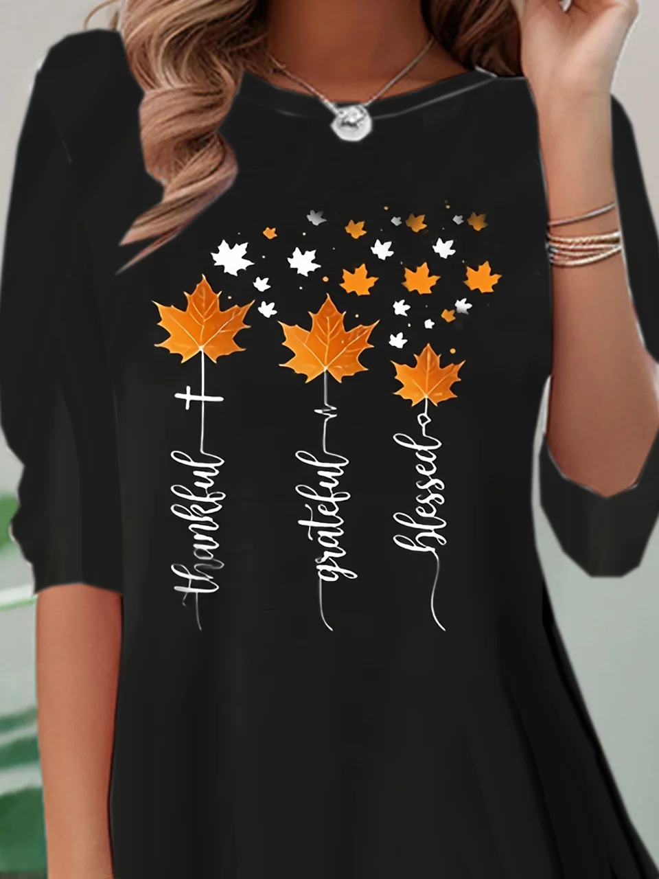 Casual Leaf Crew Neck Long Sleeve T-shirt