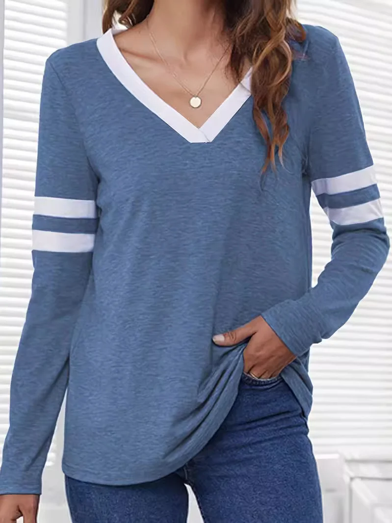 Casual Color Block V Neck Long Sleeve T-shirt