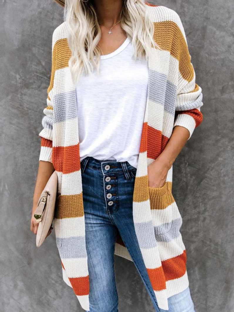 Women Wool/Knitting Striped Long Sleeve Comfy Casual Cardigan