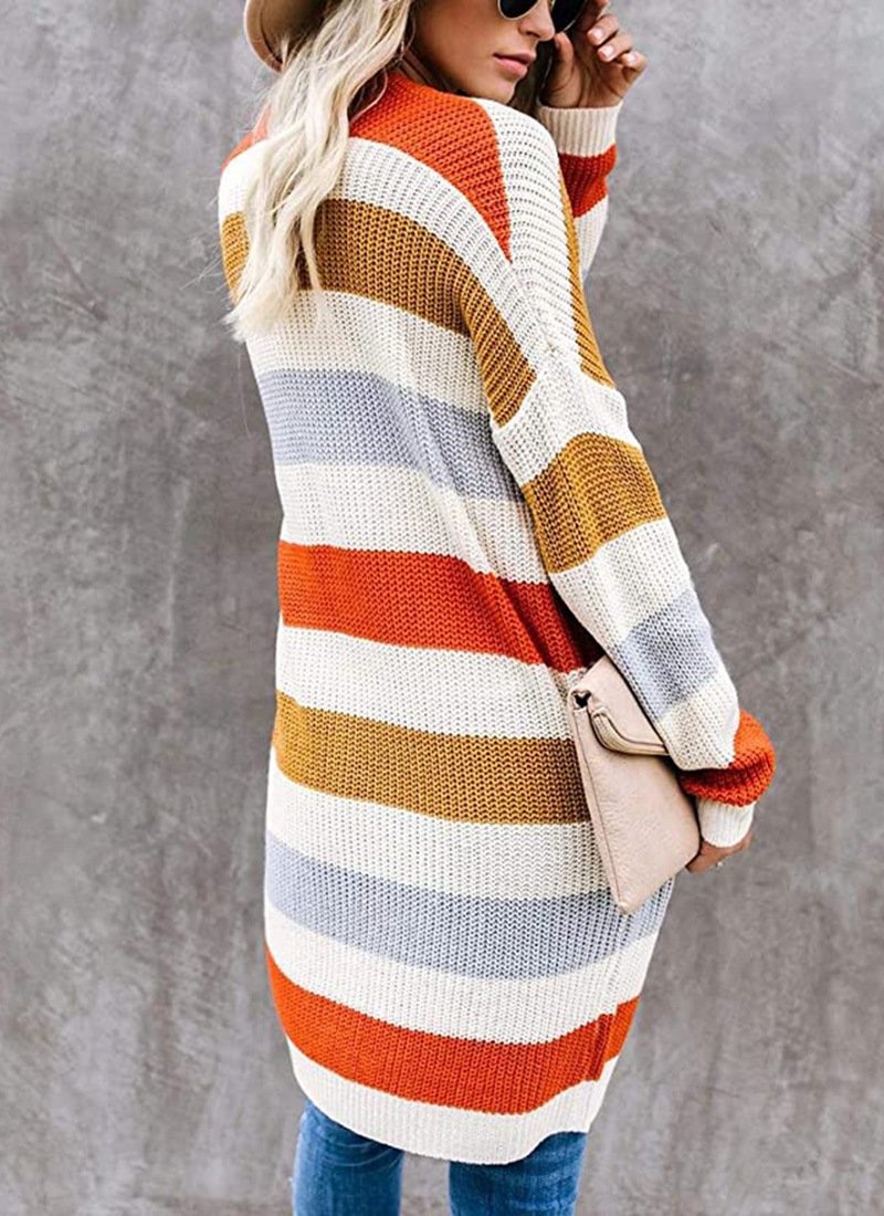 Women Wool/Knitting Striped Long Sleeve Comfy Casual Cardigan