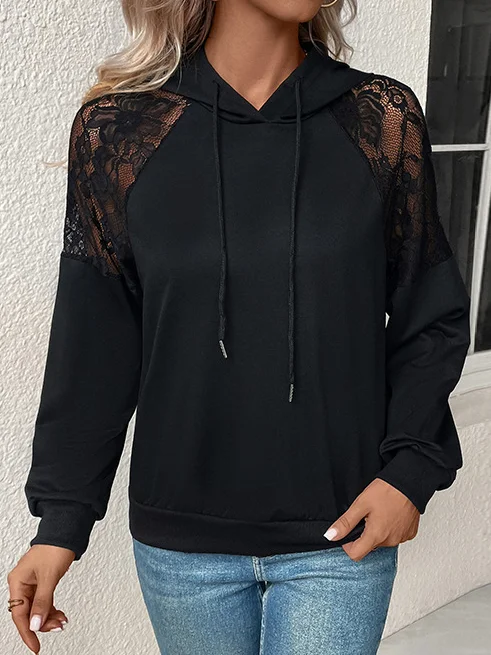 Casual Hoodie Plain Sweatshirt Lace