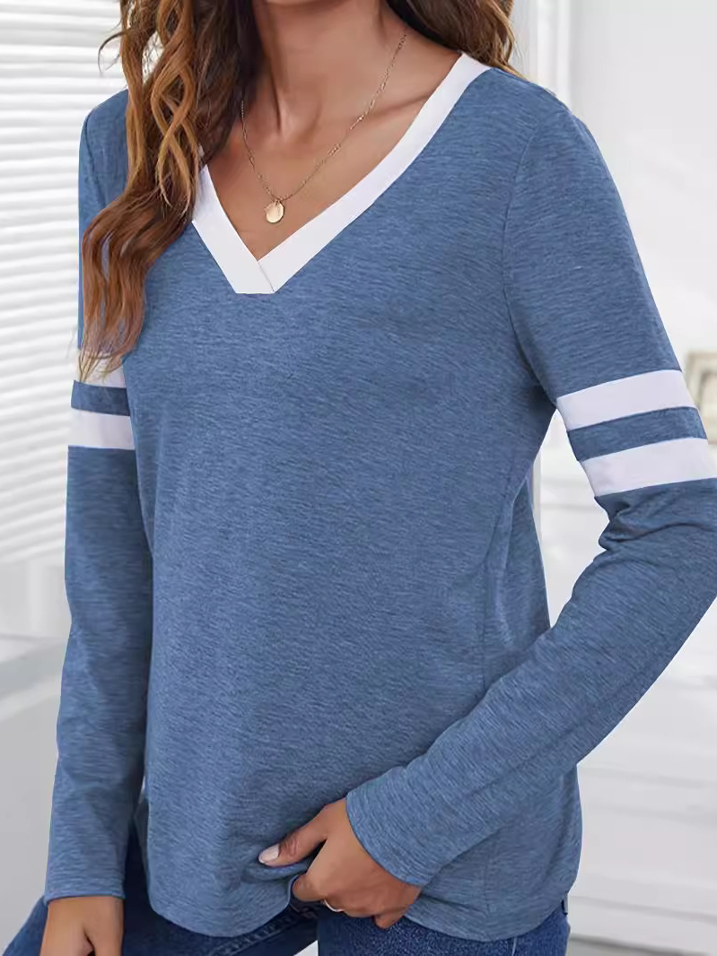 Casual Color Block V Neck Long Sleeve T-shirt