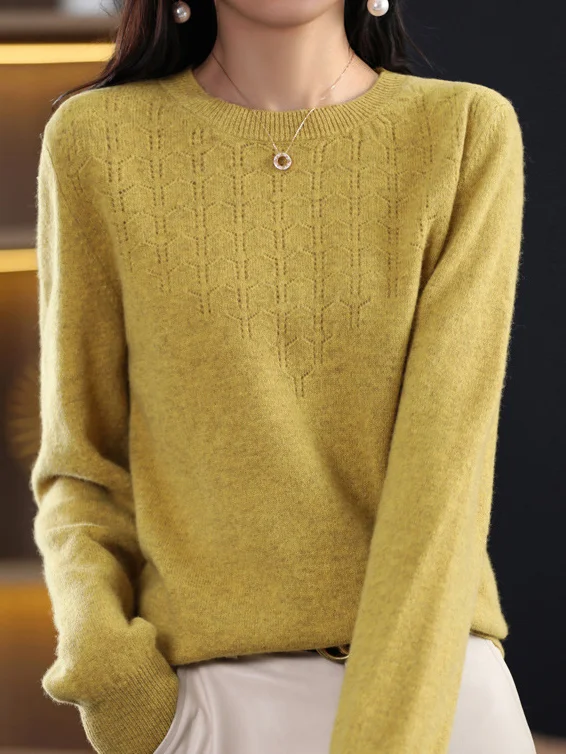 Women Yarn/Wool Yarn Plain Long Sleeve Comfy Casual Sweater