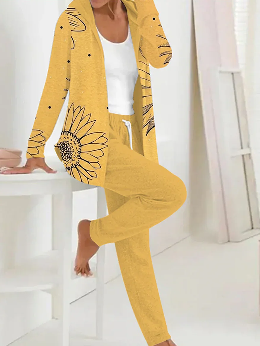 Women Floral Hoodie Long Sleeve Comfy Casual Coat With Pants Two-Piece Set