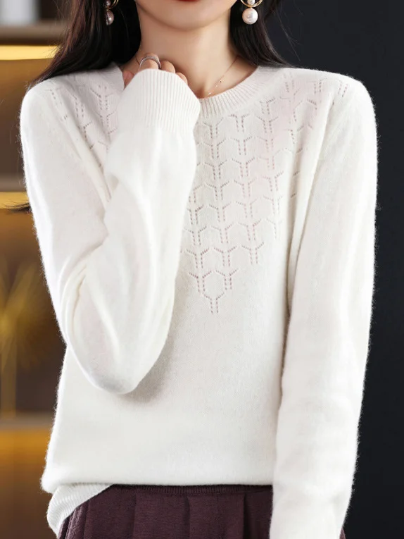 Women Yarn/Wool Yarn Plain Long Sleeve Comfy Casual Sweater