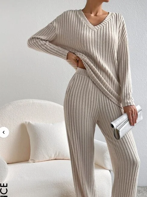 Women Plain V Neck Long Sleeve Comfy Casual Top With Pants Two-Piece Set