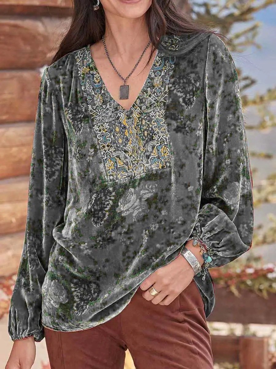 V Neck Long Sleeve Ethnic Regular Micro-Elasticity Loose Blouse For Women