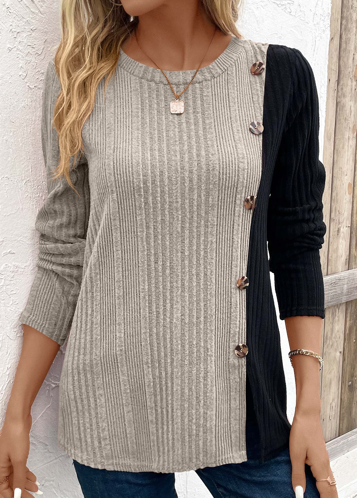 Crew Neck Long Sleeve Color Block Regular Micro-Elasticity Loose Blouse For Women