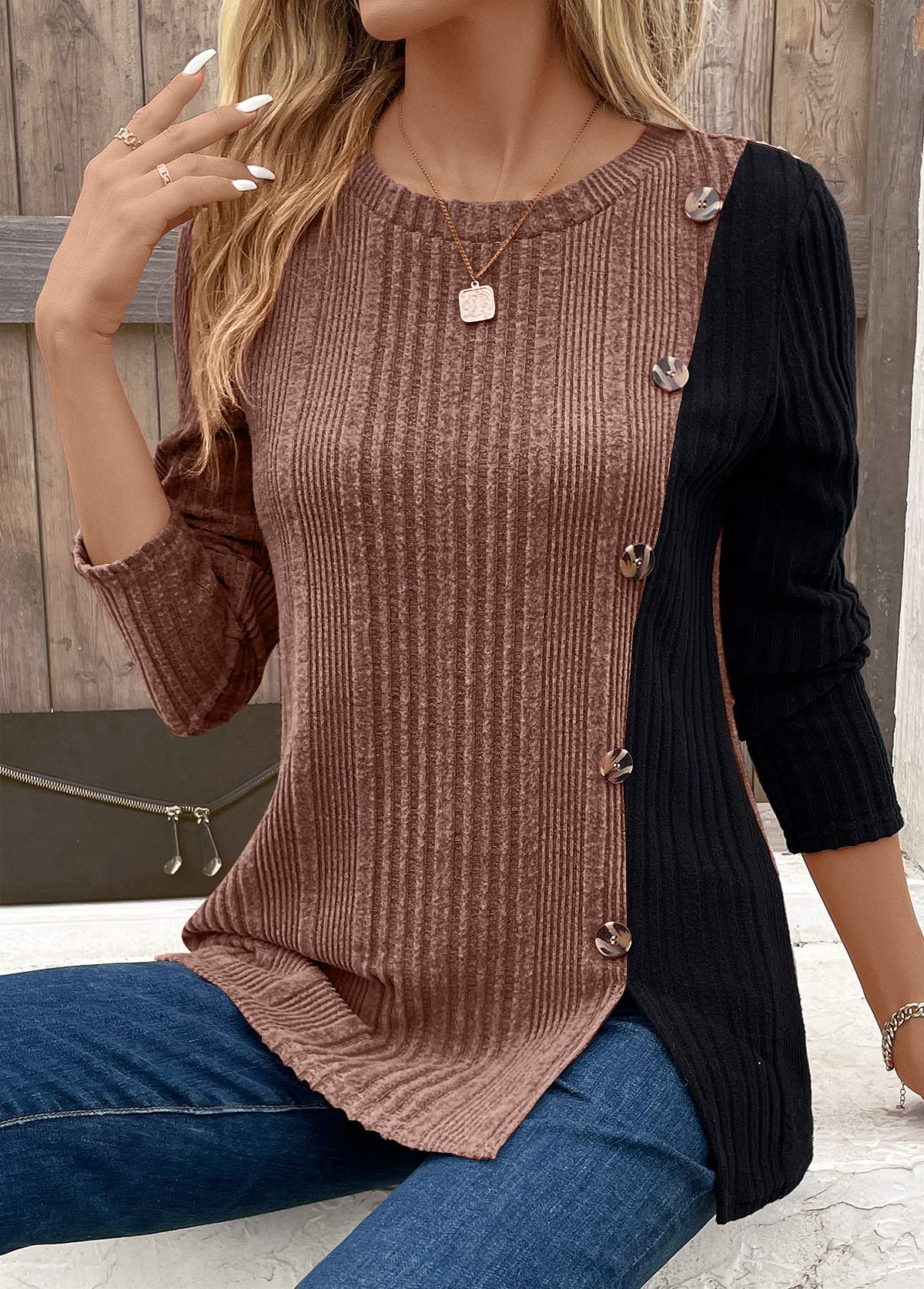 Crew Neck Long Sleeve Color Block Regular Micro-Elasticity Loose Blouse For Women