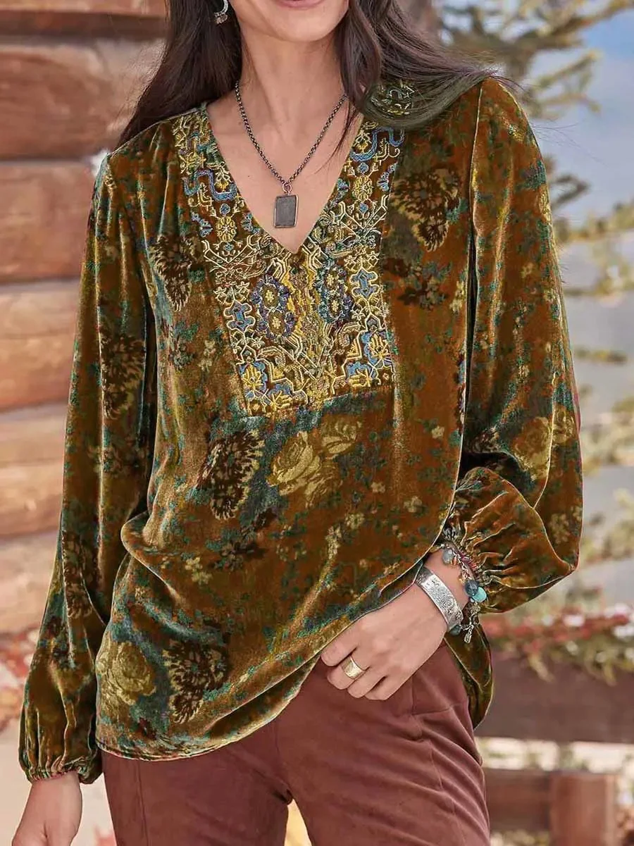 V Neck Long Sleeve Ethnic Regular Micro-Elasticity Loose Blouse For Women