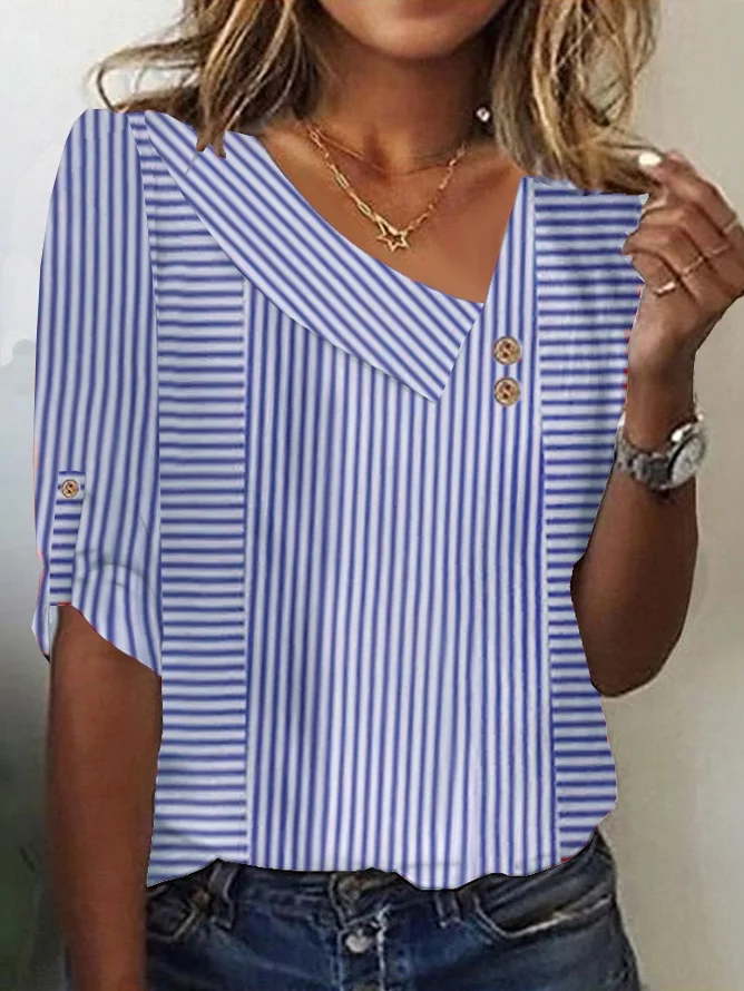 Casual Striped Asymmetrical Three Quarter Sleeve T-shirt