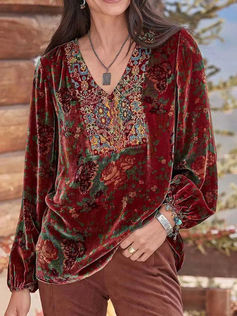 V Neck Long Sleeve Ethnic Regular Micro-Elasticity Loose Blouse For Women