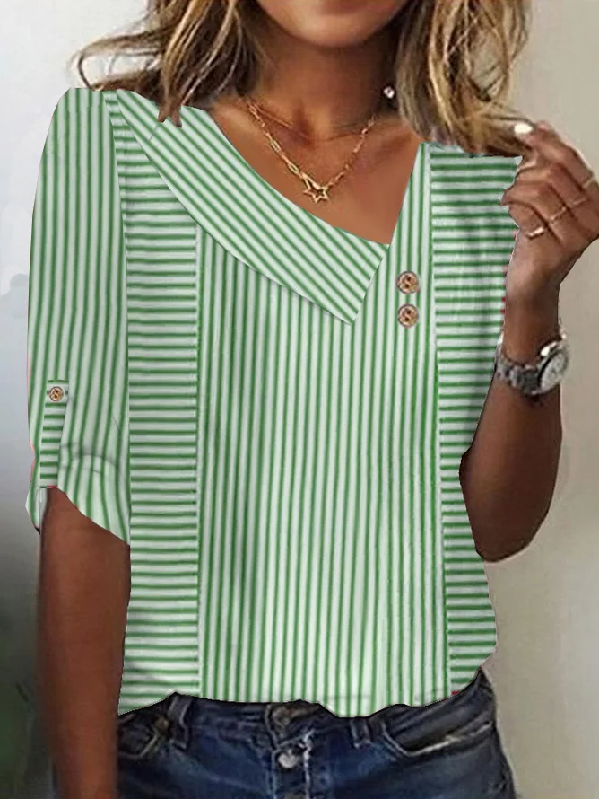 Casual Striped Asymmetrical Three Quarter Sleeve T-shirt