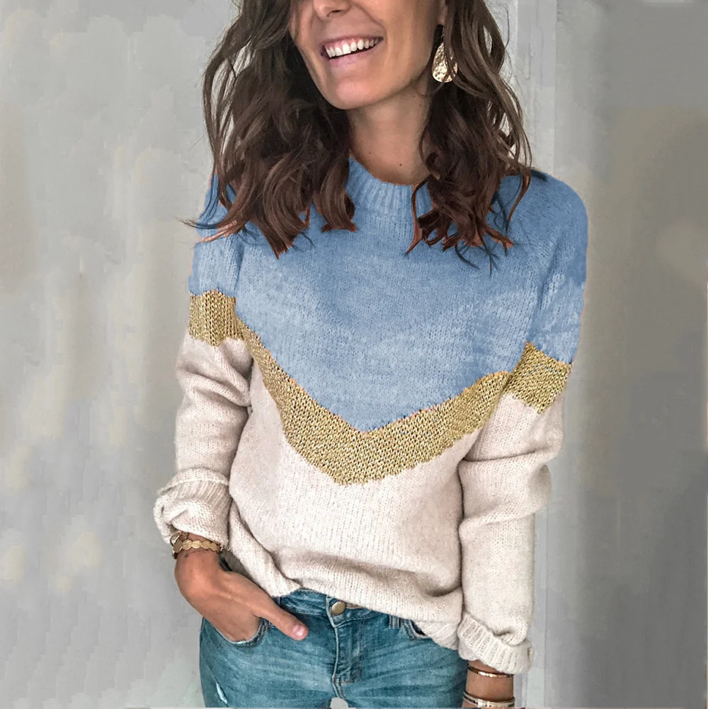 Women Yarn/Wool Yarn Color Block Long Sleeve Comfy Casual Sweater