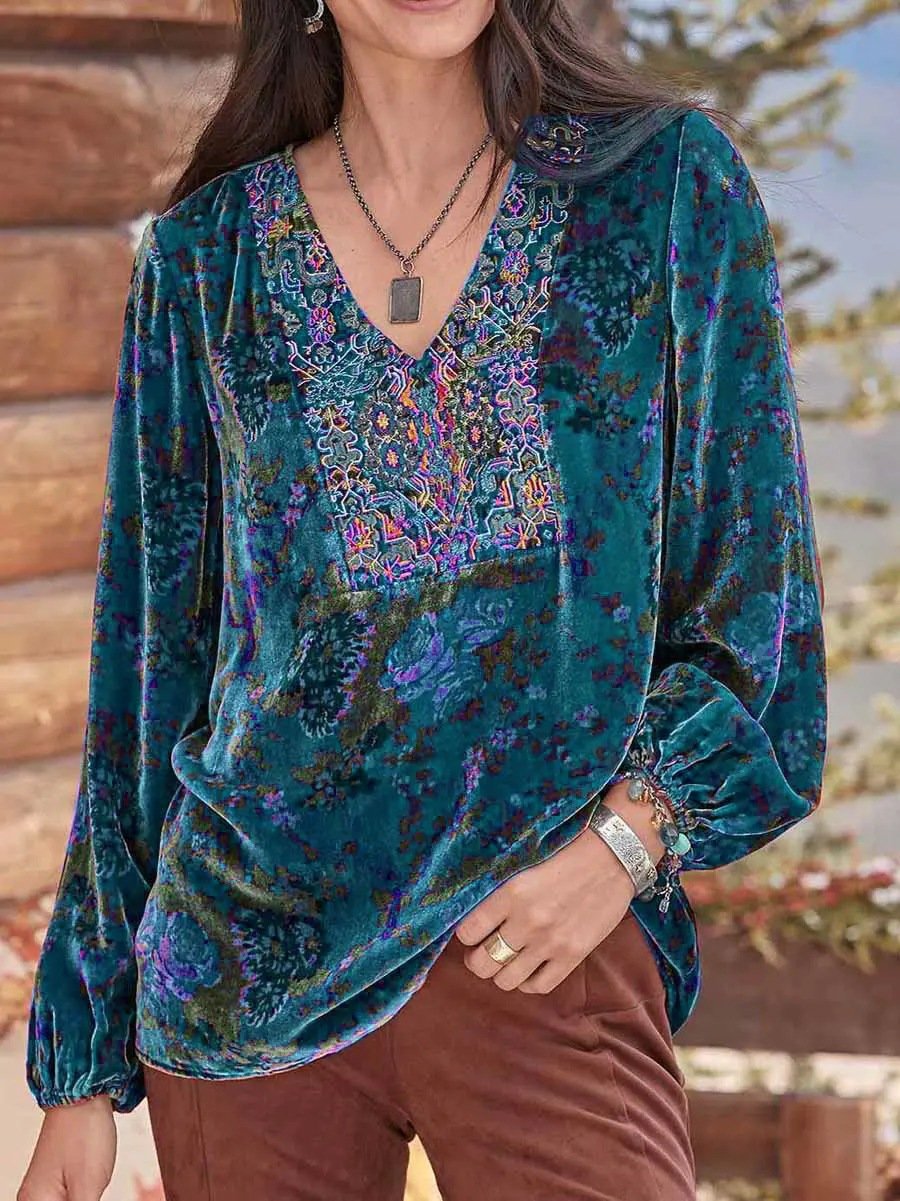 V Neck Long Sleeve Ethnic Regular Micro-Elasticity Loose Blouse For Women