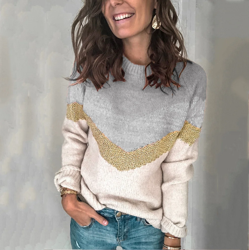 Women Yarn/Wool Yarn Color Block Long Sleeve Comfy Casual Sweater