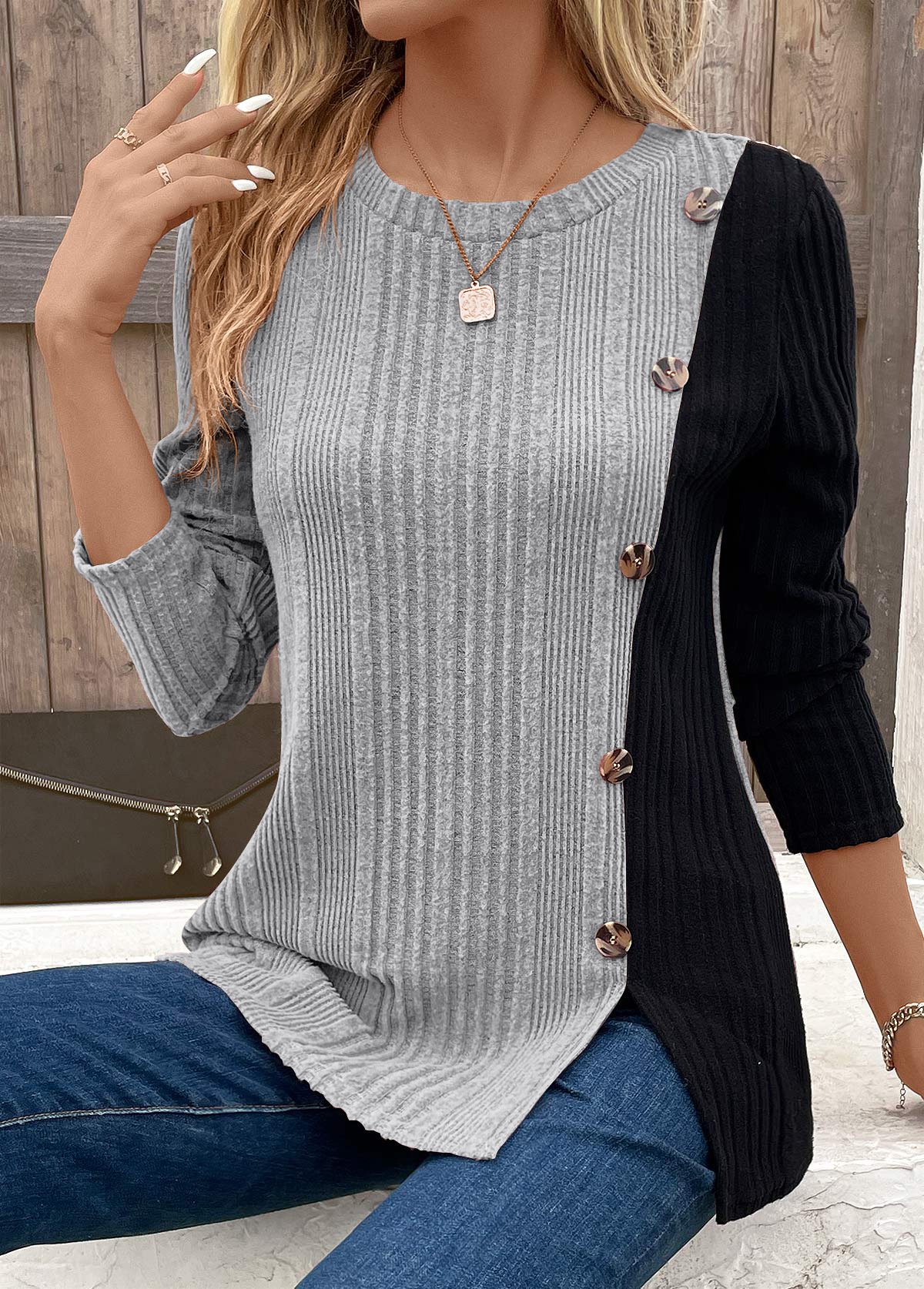 Crew Neck Long Sleeve Color Block Regular Micro-Elasticity Loose Blouse For Women