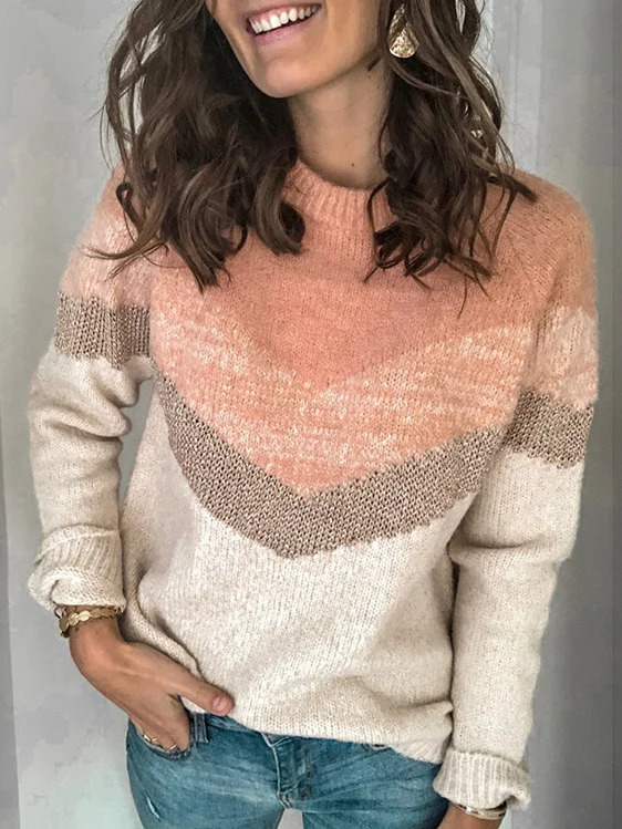 Women Yarn/Wool Yarn Color Block Long Sleeve Comfy Casual Sweater