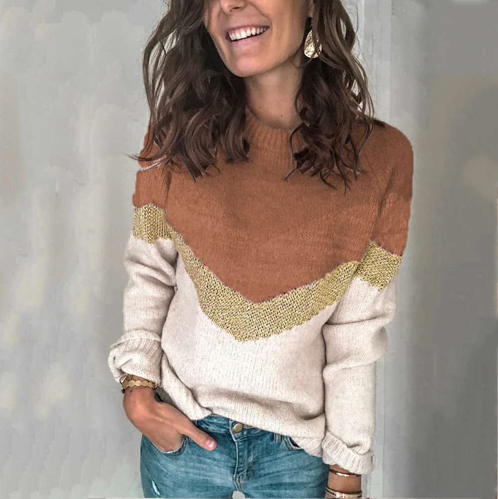 Women Yarn/Wool Yarn Color Block Long Sleeve Comfy Casual Sweater