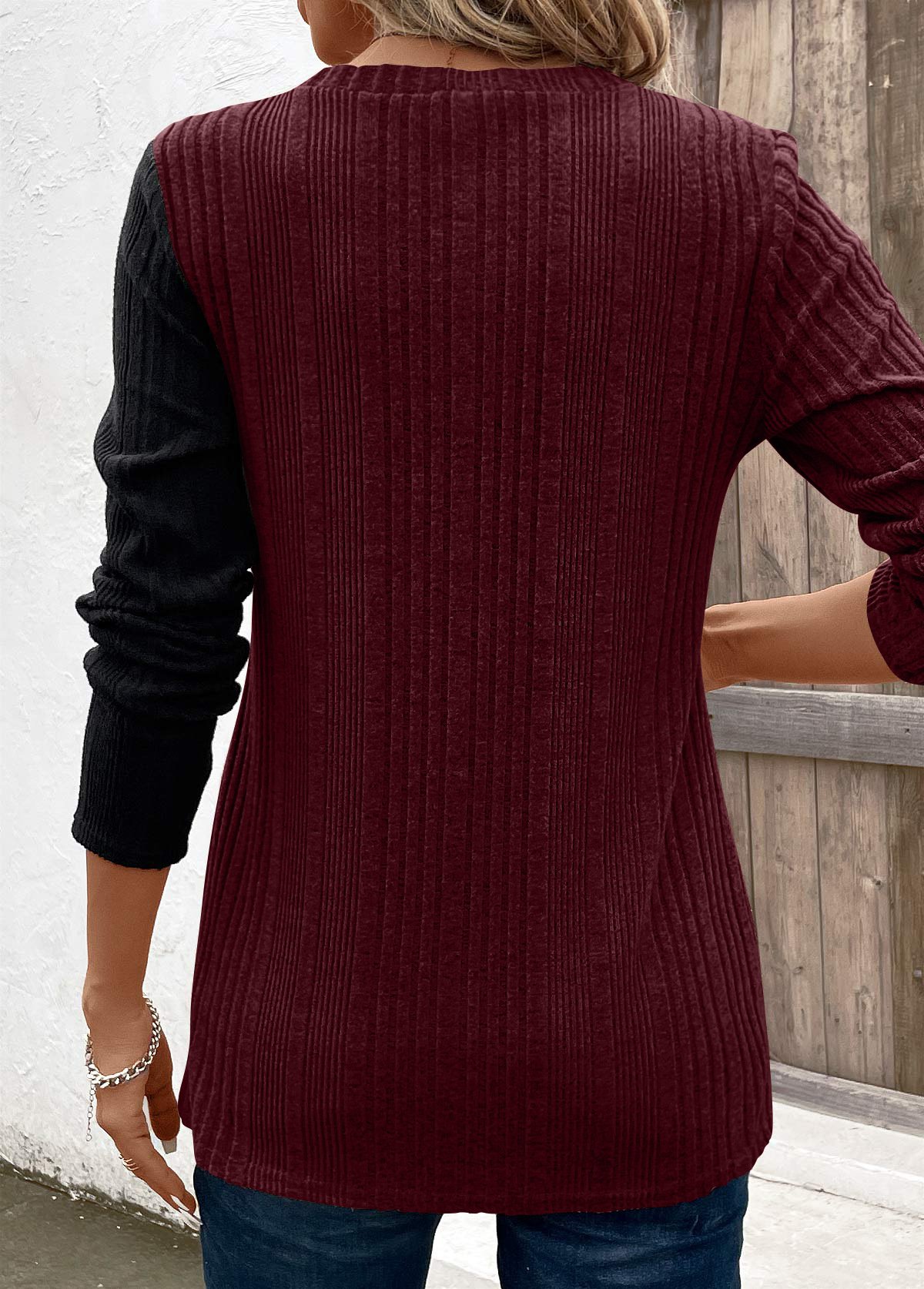 Crew Neck Long Sleeve Color Block Regular Micro-Elasticity Loose Blouse For Women