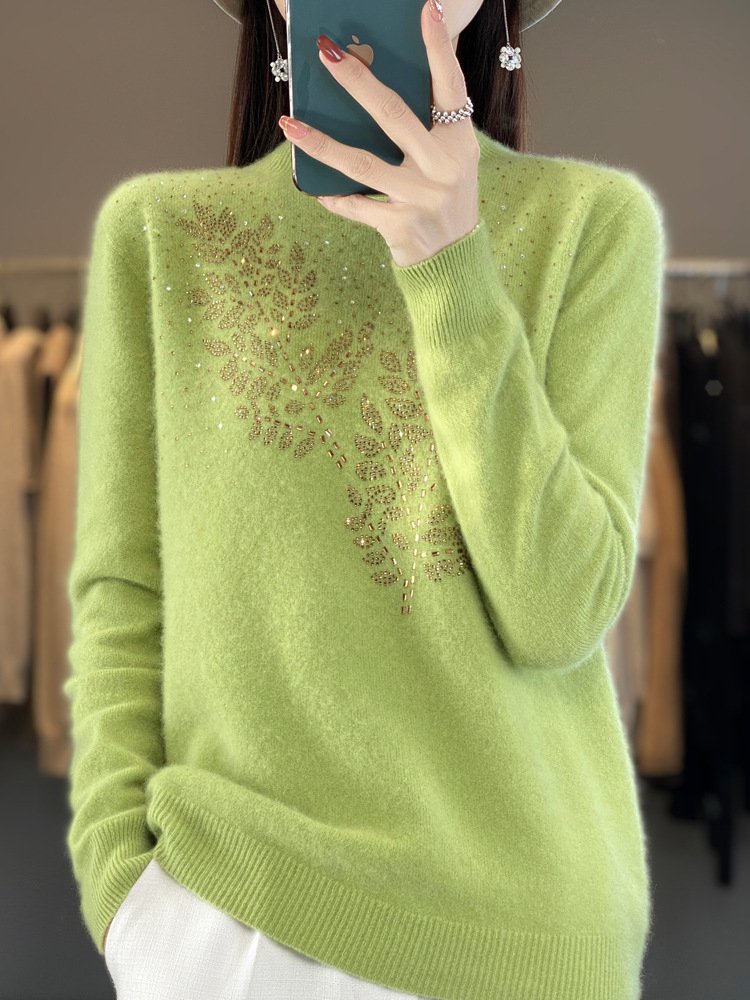 Women Wool/Knitting Plain Long Sleeve Comfy Casual Hot Drilling Sweater