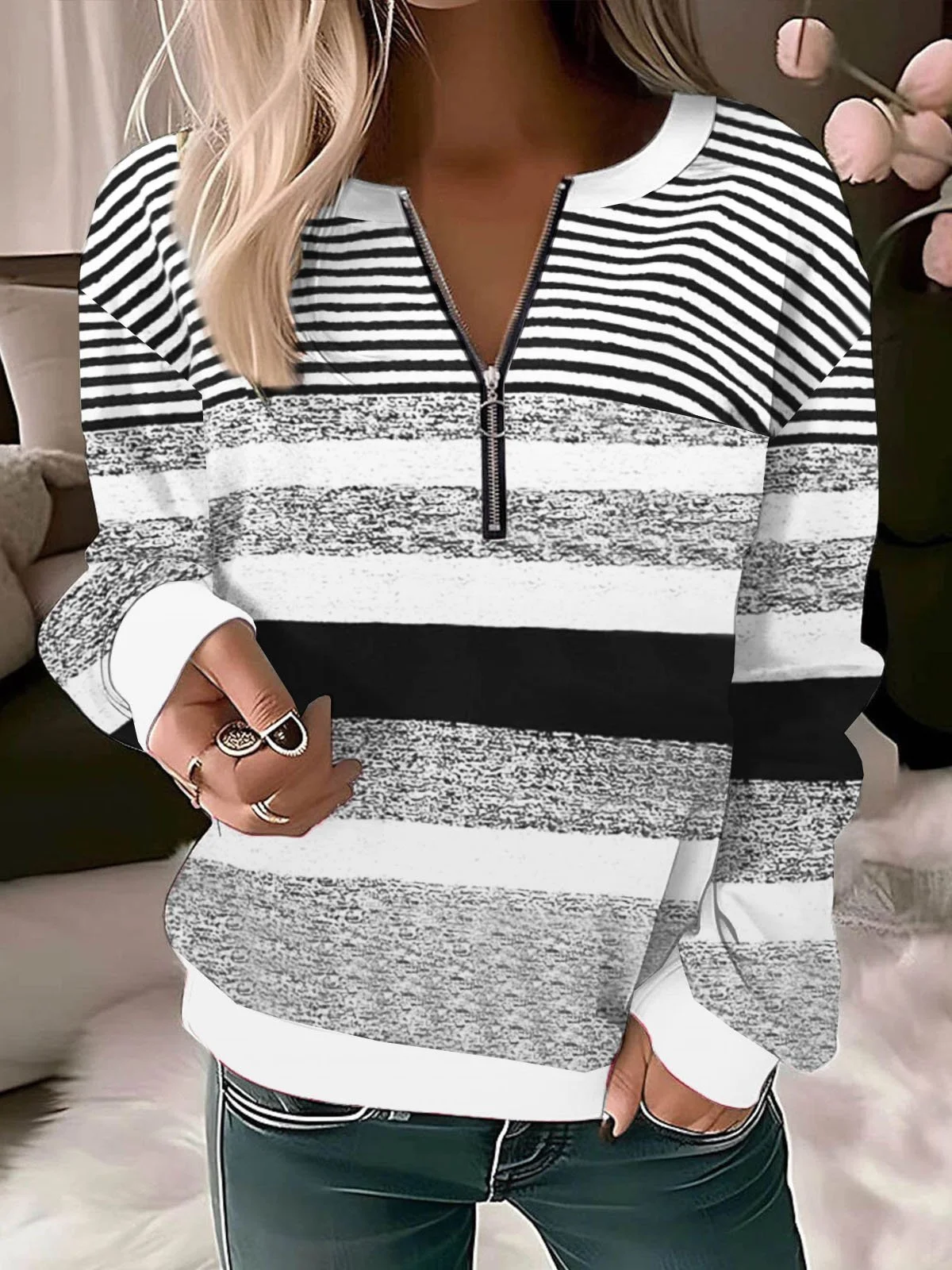 Casual Crew Neck Striped Sweatshirt Zipper