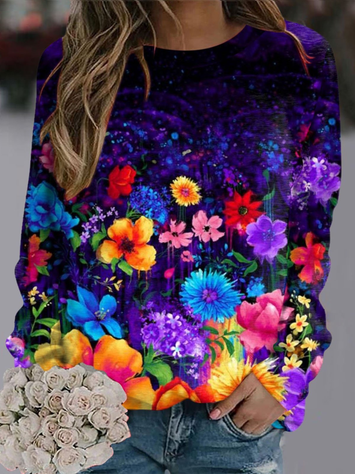 Casual Crew Neck Floral Sweatshirt