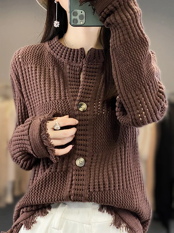 Women Wool/Knitting Plain Long Sleeve Comfy Casual Buckle Cardigan